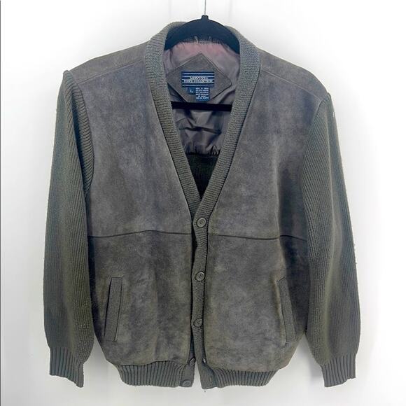 Vintage Mervyn’s leather V-neck knit sweater sleeve button up cardigan jacket L - Picture 1 of 7